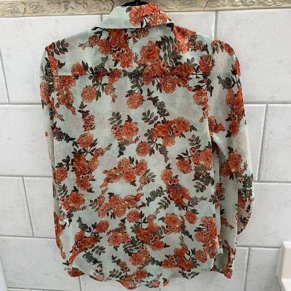 A New Day Orange Cream Floral Sheer Button Down Blouse - Picture 2 of 4